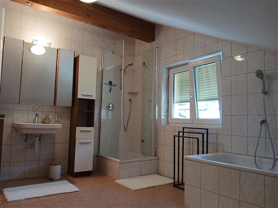 A modern bathroom with a shower, bathtub, and a window. The walls are tiled, and there are cabinets for storage.