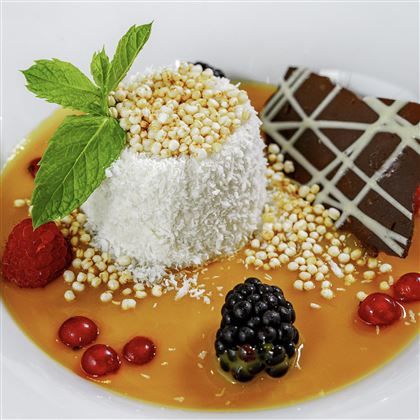 Un delizioso dessert con una crema di cocco, circondata da frutti di bosco freschi e decorazioni di cioccolato. La guarnizione di menta conferisce al piatto una nota fresca.