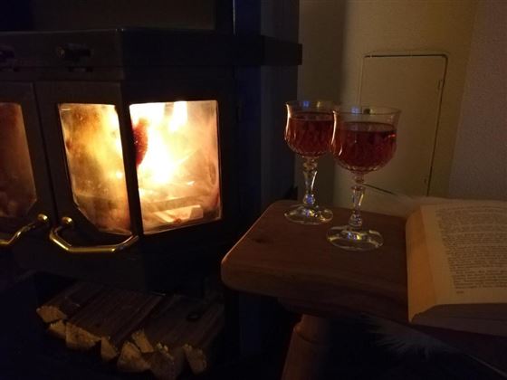 Een gezellige open haard met een warm vuur. Twee glazen met een drankje staan op een tafel naast een boek.