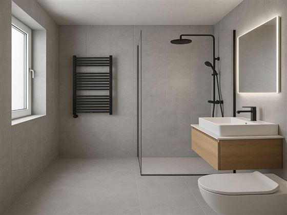 Une salle de bain moderne avec des carreaux gris élégants et une grande fenêtre. Elle comprend une douche, un lavabo avec un meuble en bois et un éclairage mural stylé.