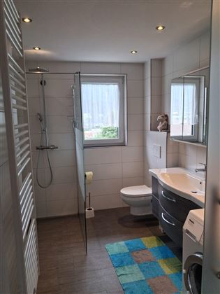 Een moderne badkamer met een douche en een raam. De vloer is bedekt met een kleurrijk tapijt en de muren zijn licht betegeld.