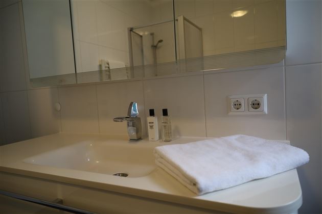 Ein modernes Badezimmer mit einem Waschbecken und einem großen Spiegel. Auf der Ablage liegen ein weißes Handtuch und Pflegeprodukte.