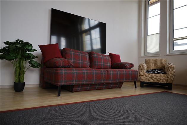 Ein gemütliches Wohnzimmer mit einem rotkarierten Sofa und einem kleinen Korbstuhl. Im Hintergrund befindet sich ein großer Fernseher und eine Pflanze steht neben dem Sofa.