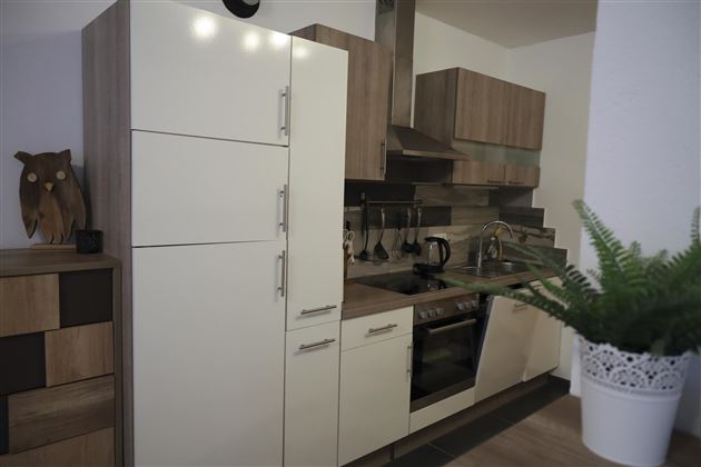 A modern kitchen with wooden furniture and white fronts. In the background, there is a kitchen unit with appliances and a green plant on the countertop.