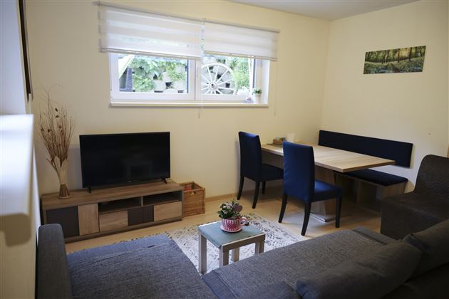 A cozy living room with a couch, a television, and a dining area. The window offers a view of a green outdoor space.
