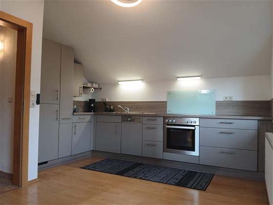 Eine moderne Küche mit grauen Schränken und einem Herd. Der Boden ist aus Holz und ein Teppich liegt unter dem Tisch.