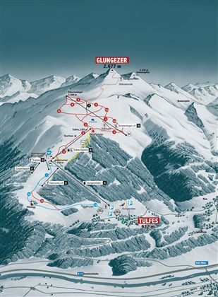 Eine detaillierte Karte des Skigebiets Glungezer mit ausgezeichneten Pisten und Liftanlagen. Die Karte zeigt die verschiedenen Abfahrten und die Umgebung in den Tiroler Alpen.