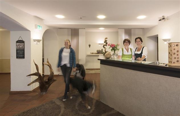 Eine freundliche Rezeption mit zwei Damen und einer ankommenden Person. Im Hintergrund ist ein Hund zu sehen.
