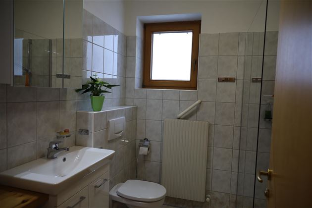 Ein modernes Badezimmer mit einer Dusche, einem Waschbecken und einer Toilette. Das Fenster lässt natürliches Licht herein und eine Pflanze sorgt für eine angenehme Atmosphäre.