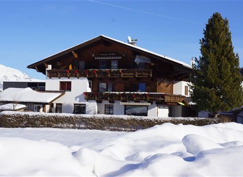 A cozy wooden house in the snow, surrounded by a wintry landscape. The balconies are adorned with plants, and the mountains are visible in the background.