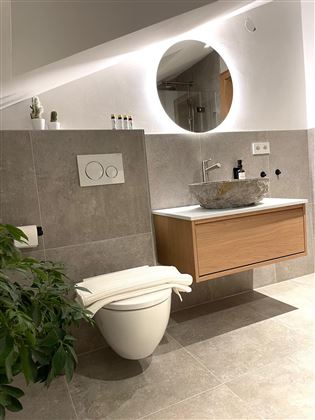 Une salle de bains moderne avec des murs gris et un placard en bois simple. Le miroir rond reflète le design élégant et les accents végétaux créent un contraste vivant.