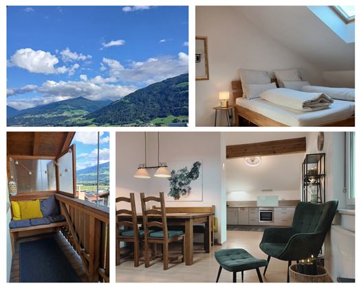 A beautiful view of the mountains with a clear blue sky. Interiors with modern design, including a cozy bedroom and an inviting dining area.