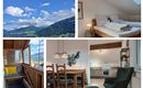 A beautiful view of the mountains with a clear blue sky. Interiors with modern design, including a cozy bedroom and an inviting dining area.